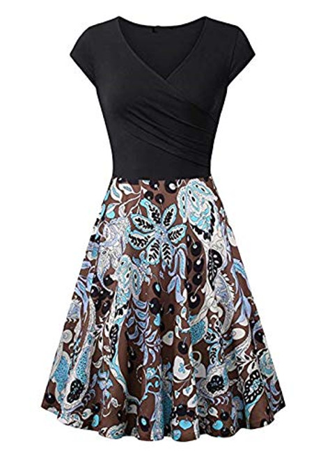 OMZIN Women Deep V-Neck Summer Casual Mini Dress Short Sleeve A Line Dress Floral Brown 3XL