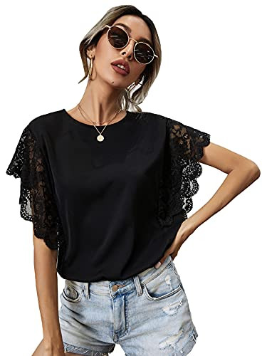SheIn Women's Casual Cap Sleeve Round Neck Lace Trim Solid Blouse Shirt Tops Black L