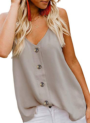 MISSLOOK Women's Button Down Tank Tops V Neck Strappy Camis Loose Casual Sleeveless Shirts Blouses - Khaki S