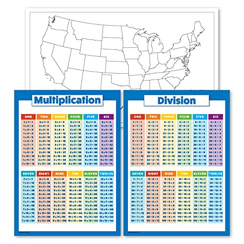 3 Pack - Blank USA Map Outline Poster Plus Multiplication and Division Table Charts for Kids -LAMINATED- 18" x 29"- 3 Pack - Blank USA Map Outline Poster Plus Multiplication and Division Table Charts for Kids -LAMINATED- 18" x 29"-