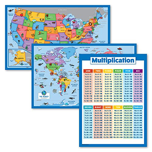 3 Pack - Illustrated World Map  and  USA Map for Kids  Plus  Multiplication Table Poster -New Style- -Laminated- 18" x 29"-