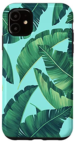 iPhone 11 Tropical Botanical Palm Banana Leaf Pattern Light Pool Blue Case