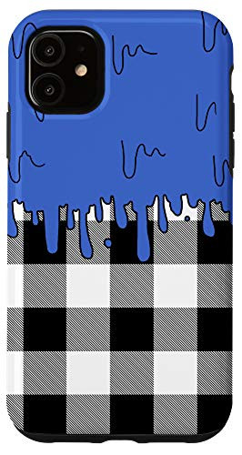 iPhone 11 Cute Blue Wave Paint Spill on Black  and  White Plaid Pattern Case