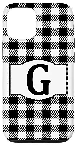 iPhone 12/12 Pro Black and White Buffalo Plaid Monogram Letter G Initial Gift Case