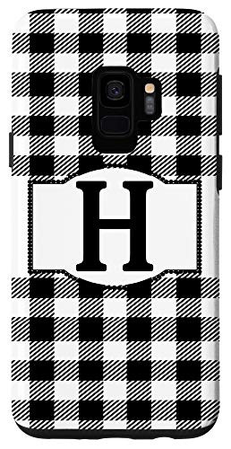 Galaxy S9 Black and White Buffalo Plaid Monogram Letter H Initial Gift Case