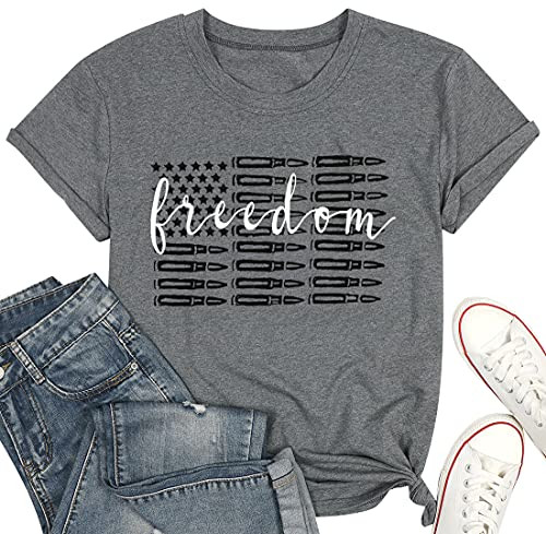 KIDDAD Freedom American Flag Shirts Women Vintage 4th of July Patriotic T Shirt Casual Short Sleeve Tee Tops -Gray- S-