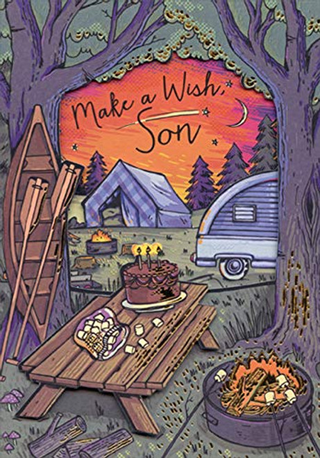 Designer Greetings Camper- Tent- Table- Fire and Canoe Die Cut Window Tri Fold Birthday Card for Son Designer Greetings Camper- Tent- Table- Fire and Canoe Die Cut Window Tri Fold Birthday Card for Son