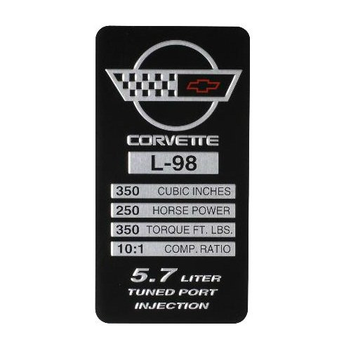 C4 Corvette 1991 L98, 250 HP, 350 TQ Engine ID Spec Metal Data Plate Emblem