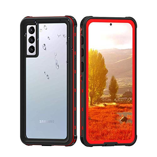 Sfulatdc Compatible with Samsung S21 Plus Waterproof Case- Dustproof Shockproof Built in Screen Protector Full Body Cover for Galaxy S21 Plus Red Clear