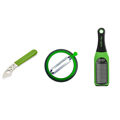 Microplane Swiftstrip Herb Stripper, Grip'n Strip Straight Blade Peeler and Artisan Fine Grater Green Set