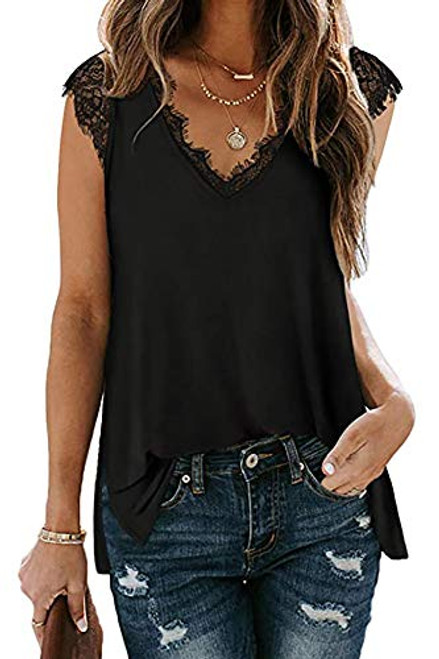 Poetsky Women's Sleeveless V Neck T Shirts Side Split Tunic Tank Tops -S- Black-