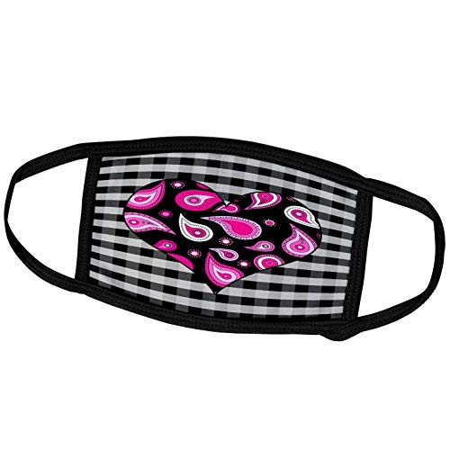 3dRose Pink Paisley Heart on Black and White Check - Face Covers -fc-25356-2-