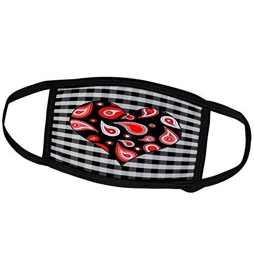 3dRose Janna Salak Designs Prints and Patterns - Red Paisley Heart on Black and White Check - Face Masks -fm-25353-2-
