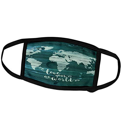 3dRose Russ Billington Designs - Love Your World- White Paint on Blue Wood Effect- Not Real Wood - Face Masks -fm-261908-3-