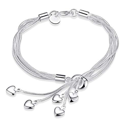 Jeolory Women Lady Girl Shiny 925 Silver Plated Love Heart Pendent Charm Bracelet Wrist Bangle Fashion Jewelry