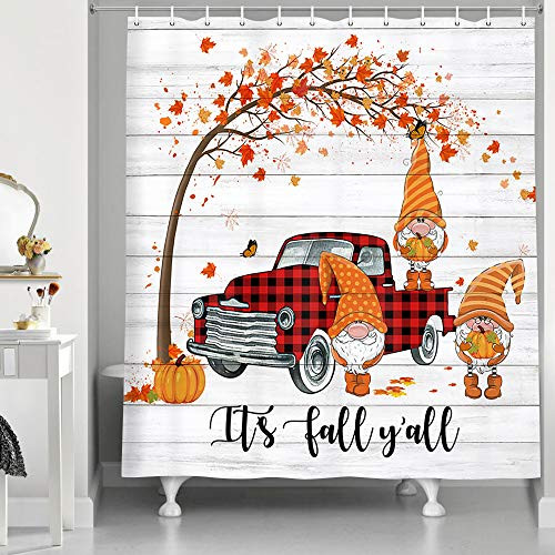 Fall Funny Gnome Shower Curtains for Bathroom- Autumn Maple Leaves Buffalo Plaids Check Rustic Truck on Gray Wooden Bath Curtain- Modern Farmhouse Thanksgiving Pumpkin Bathroom Shower Curtain- 69X70in