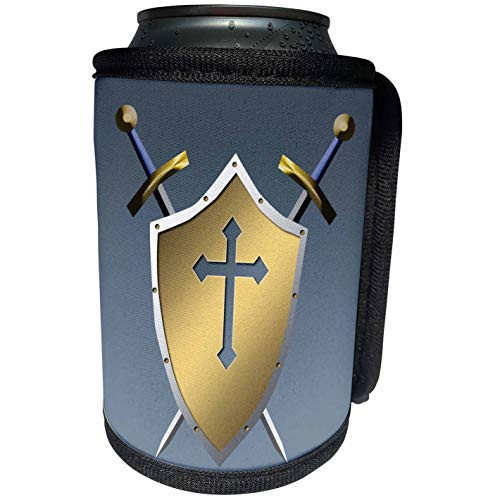 3dRose 777images Designs Christian - Golden Shield with crossed swords and the Christian Cross and background in Slate Gray - Can Cooler Bottle Wrap -cc-40078-1-