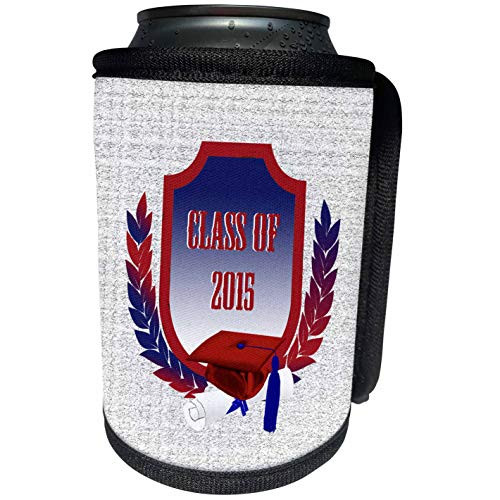 3dRose Beverly Turner Graduation Design - Red and Blue Cap and Diploma on Shield with Leaves- Class of 2015 - Can Cooler Bottle Wrap -cc-203324-1-