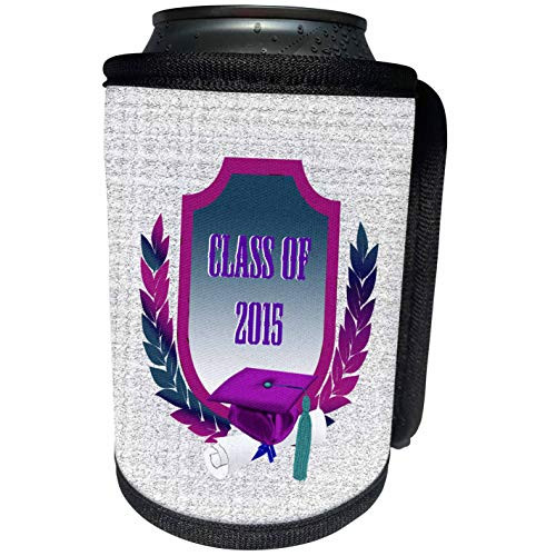 3dRose Beverly Turner Graduation Design - Pink and Purple Cap and Diploma on Shield with Leaves- Class of 2015 - Can Cooler Bottle Wrap -cc-203327-1-