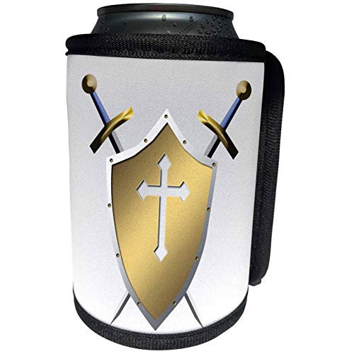 3dRose 777images Designs Christian - Golden Shield with crossed swords and the Christian Cross and background in Alabaster white - Can Cooler Bottle Wrap -cc-40076-1-