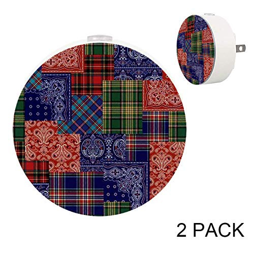 Anna Cowper Tartan Check Patchwork Pattern LED Night Light Dusk to Dawn Auto Sensor Plug in Night Home Decor for Bedroom Hallway Kitchen Pack of 2