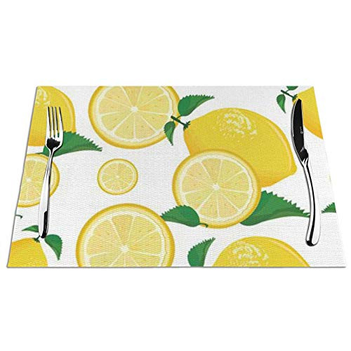 Lemon Placemats Set of 4 Dining Table Mats Kitchen Washable Heat Resistant Vinyl Woven Non Slip 18 x 12 inch
