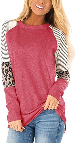 Hount Womens Round Neck Colorblock Striped Casual Long Sleeve Leopard Tops Shirts Blouses -X-Large- Red-