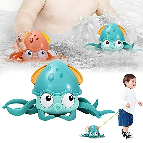 MUSJOS Cartoon Octopus Crawling Toy- Amphibious Wind Up Octopus Toy- Bath Toys for Toddlers 3-4 Years- Octopus Floating Pool Toys for Bathtub or Beach Water Park Pool -Blue-