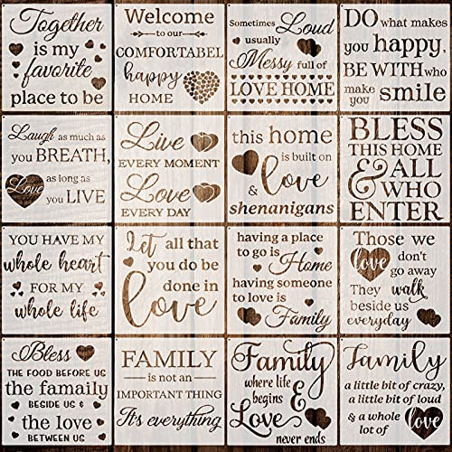 16 Pieces Word Stencils Family Sign Stencils Love Home Stencils Template Word Art Template Reusable Painting Stencil with Metal Open Ring for Painting on Wood Wall Decor