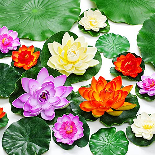WILLBOND 24 Pieces Artificial Floating Foam Water Lily Flowers Realistic Lotus Flower with Water Lily Pads Leaves Lotus Leaves Ornament for Pond Pool Garden Aquarium Decoration WILLBOND 24 Pieces Artificial Floating Foam Water Lily Flowers Realistic Lotus Flower with Water Lily Pads Leaves Lotus Leaves Ornament for Pond Pool Garden Aquarium Decoration