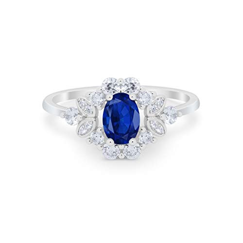 Simulated Blue Sapphire Cubic Zirconia Size-6 Art Deco Oval Wedding Engagement Ring Vintage Round Simulated Cubic Zirconia 925 Sterling Silver