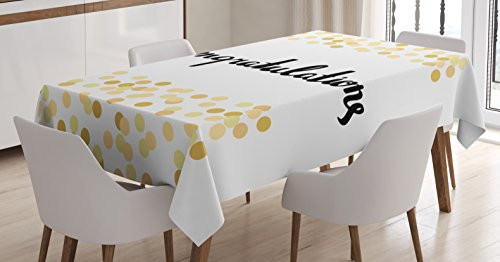 Ambesonne Graduation Tablecloth, Congratulations Calligraphy Gold Yellow Confetti Figures Framework Celebration, Dining Room Kitchen Rectangular Table Cover, 60 W X 90 L inches, Multicolor