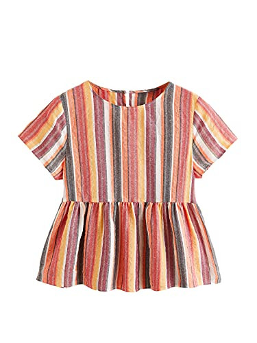 MakeMeChic Women's Striped Print Round Neck Short Sleeve Ruffle Hem Peplum Blouse Top B Multi L