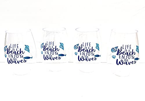 Stemless Plastic Wine Cocktail Drinking Glasses Life is A Beach Enjoy The Waves Elegant Durable Reusable Glassware Sophisticated Design Shatterproof Indoor/Outdoor Barware Set of 4~ 20 oz