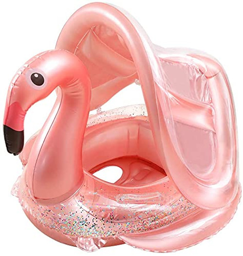 Brave Hours Glitter Flamingo Baby Inflatable Toddler Pool Float Swimming Ring with Sun Canopy for The Age 6-48 Months