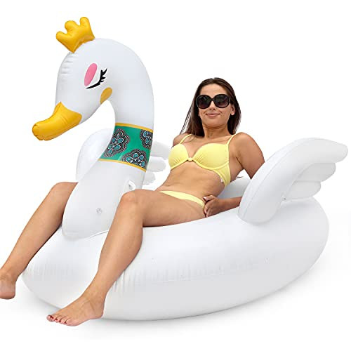 Pomeat Giant Inflatable Swan Pool Float for Adults and Kids- Fun Pool Floatie Ride on with Fast Valves- Lounge Raft Decoration for Summer Beach Outdoor Swim Party Toys -White-