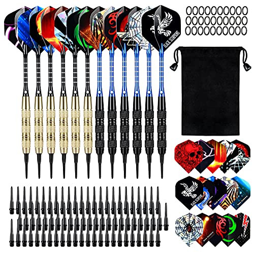 TT Toulavie Soft Tip Darts- 12 Pcs Darts Plastic Tip 18 Gram Dart Set with 2 Colors Aluminum Shafts- 45 Dart Flights 200 Extra Dart Tips- Rubber Rings and 1 Storage Bag for Electronic Dart Board