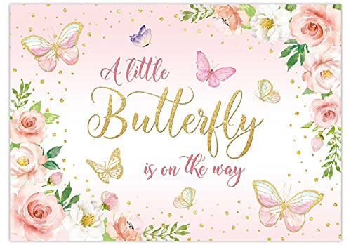 Funnytree 7X5FT A Little Butterfly is On The Way Backdrop Girl 1st Birthday Baby Shower Princess Party Supplies Flower Pink Background Favors Cake Table Decor Photobooth Props Gift Banner