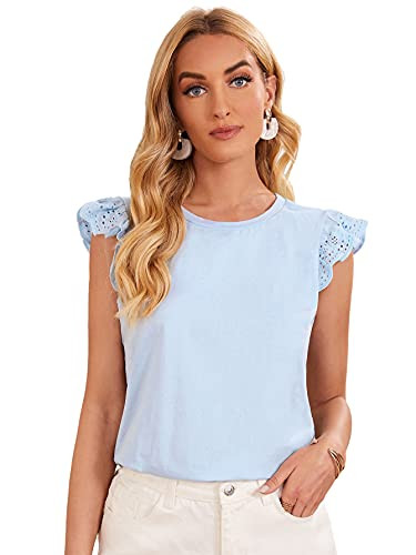 Romwe Women's Ruffle Short Sleeve Crew Neck Work Solid Casual Blouse Tops Blue L