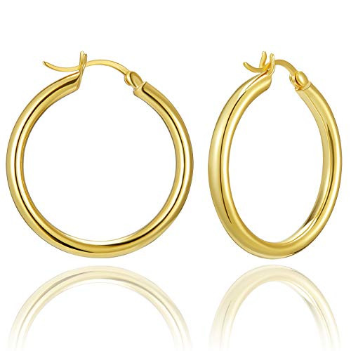 SWEETV 14k Gold Hoop Earrings for Women 925 Sterling Silver Huggie Earrings Hypoallergenic Polished Huggie Hoop Earring for Sensitive Ears 25MM Girls Earrings