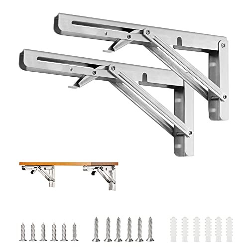 Folding Shelf Brackets 16 Inch - COCIVIVRE Heavy Duty Stainless Steel Wall Mounted Shelf Bracket DIY Collapsible Shelf Bracket- Space Saving for Fold Down Table Work Bench- 2 Pack