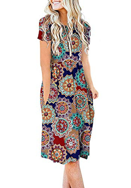 DB MOON Women Summer Casual Short Sleeve Dresses Empire Waist Dress with Pockets -Round Flower- L- DB MOON Women Summer Casual Short Sleeve Dresses Empire Waist Dress with Pockets -Round Flower- L-