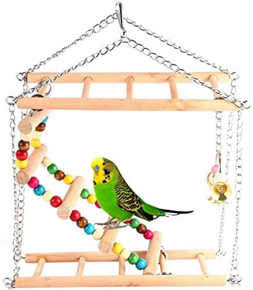 Bird Wood Ladder Swing Chew Toy Set with Bells for Bird Parrot Parakeet Cockatiel Conure Lovebird Finch Canary Budgie Cage Perch Stand