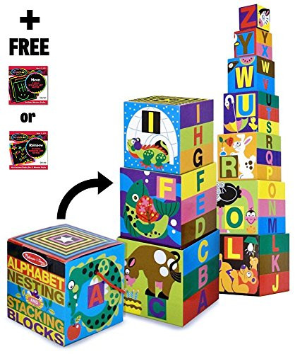 Alphabet Nesting & Stacking Blocks 10-Piece Play Set + FREE Melissa & Doug Scratch Art Mini-Pad Bundle [27823]