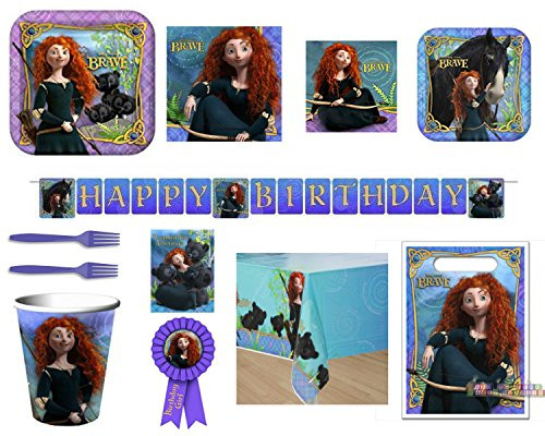 Disney Brave Merida Party Supply Bundle for 8 Guests - Plates, Napkins, Cups, Utensils, Tablecover, Birthday Banner, Treat Bags and Medal