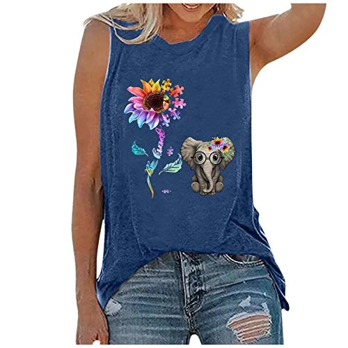 Womens Summer Tank Tops Sunflower Printing Sleeveless Round Neck Pullover Vest Casual Loose Tunic Basic T-shirt