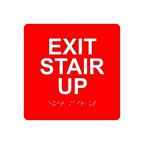 SIGNCHAT Exit Stair Up Sign Braillewhite On Red Funny Metal Sign Crossing Traffic Novelty Sign 12X12 Inch
