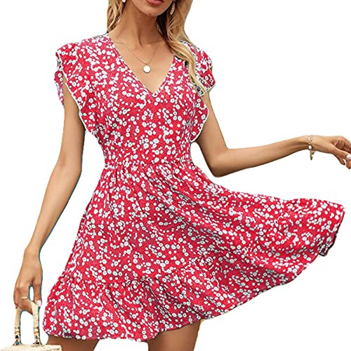 Women's Dresses Floral Print V Neck Ruffle Sleeve High Waist Wrap Flared Dress for Summer-Casual Loose Short Dress -Red- Large-