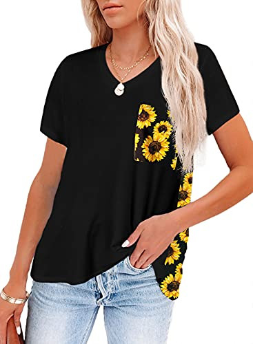 Aleumdr Women T Shirts Summer Sunflower Print Shirt Casual Loose Short Sleeve V Neck Tees Yellow XX-Large 18 20