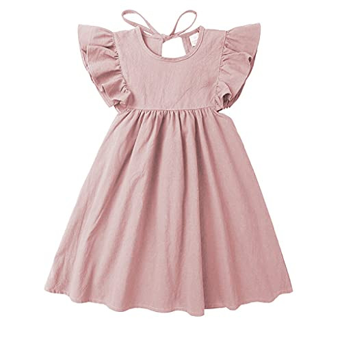 Toddler Baby Girl Dress Summer Cotton Linen Ruffle Halter Sleeveless Kids Casual Beach Party Dresses 2-7 Years -Pink-1- 4-5T- 4-Years-